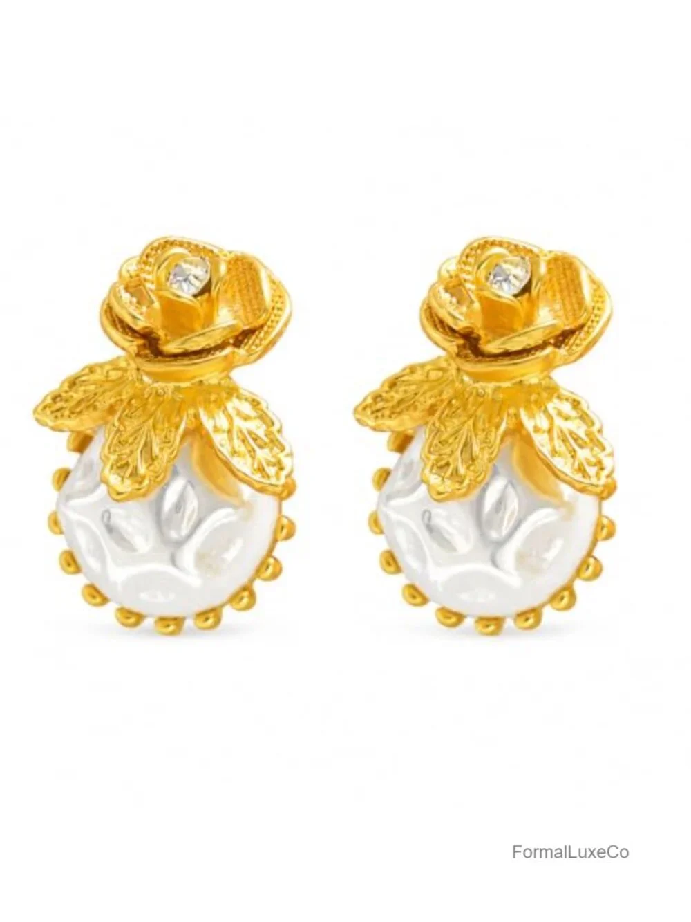 Floral Rose Drop Earrings with Faux Pearl and Rhinestone Accent